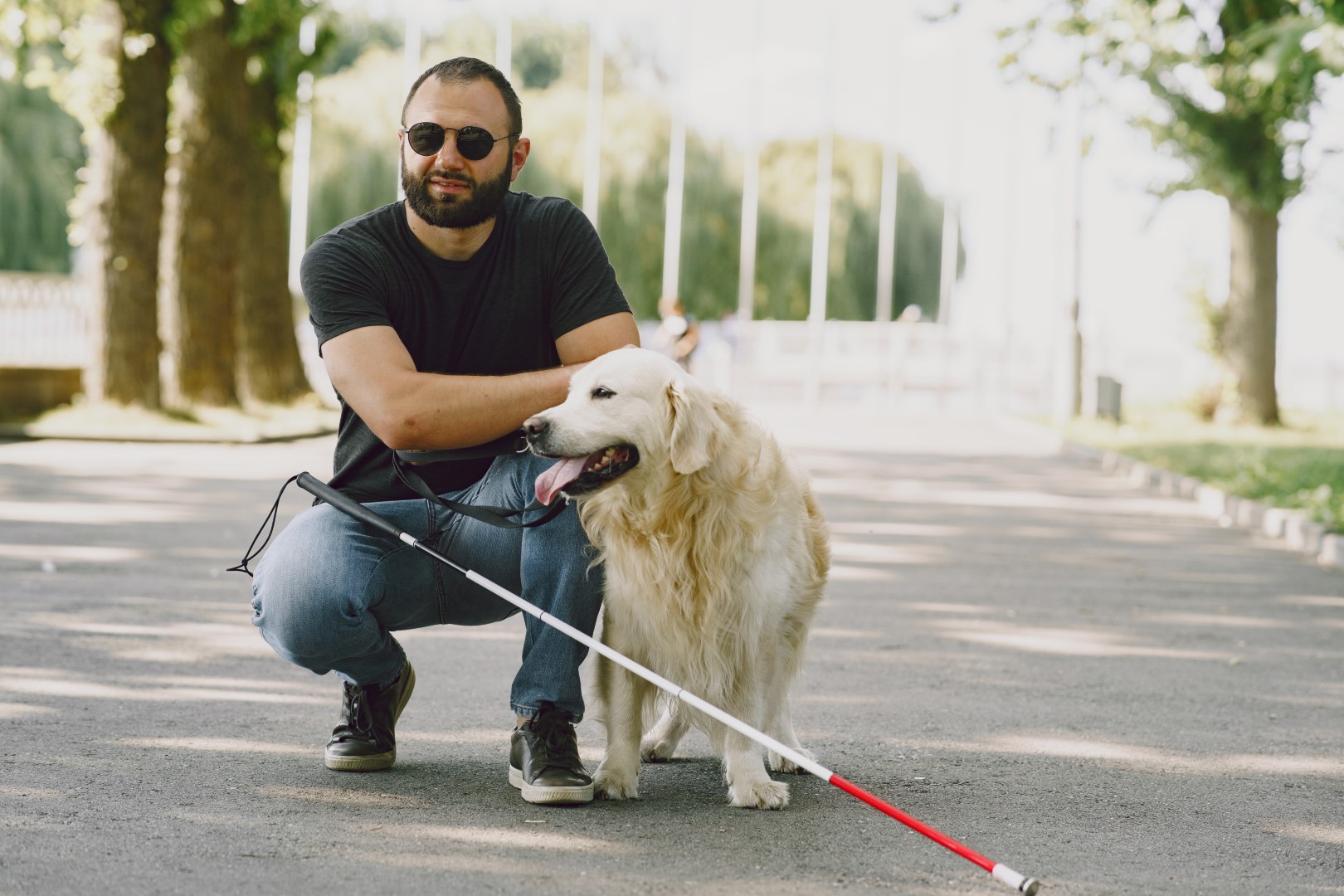 perro guia ayudando ciego ciudad chico ciego guapo tiene descanso golden retriever ciudad